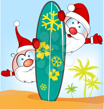 santa claus cartoon with surfboard on summer background