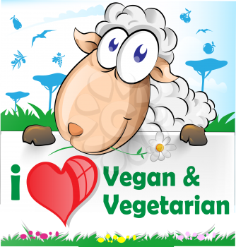 sheep cartoon with vegetarian and vegan banner 