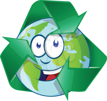 Planet Earth Cartoon Character on recyclin symbol