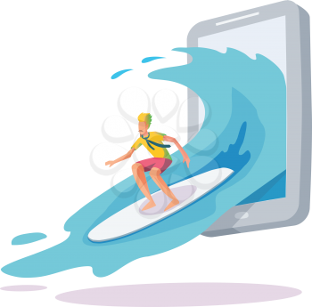 surfing online a smartphone wave vector illustration. Surfing the web for banner