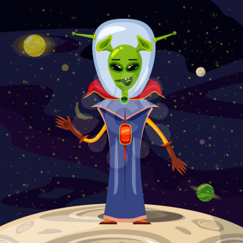 Alien in a spacesuit, cartoon style, background space, vector