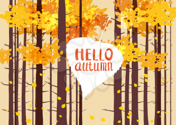 Hello autumn, lettering on an autumn leaf, fall, background landscape forest, tree trunks