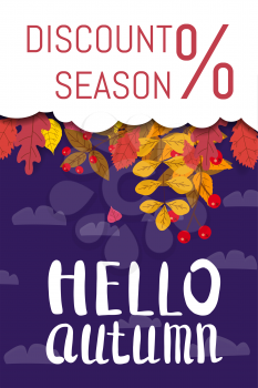 Hello Autumn, discount season, background with falling leaves, yellow, orange, brown fall lettering