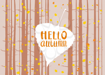 Hello autumn, lettering on an autumn leaf, fall, background landscape forest, tree trunks