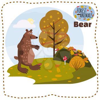 Bear cute cartoon style in background forest, isolated