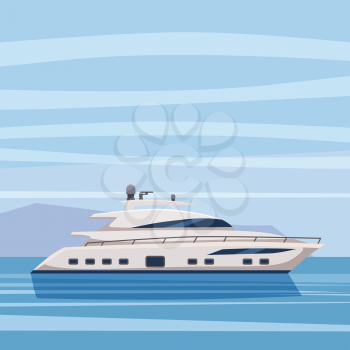 Speed reach yacht on seascape background, cartoon style, vector illustration