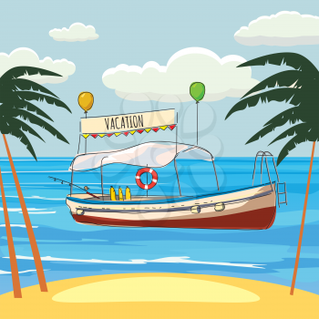 Pleasure boat, , seascape, resort beach rest travel vector illustration