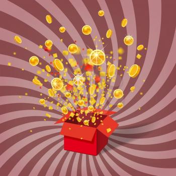 Box Exploision, Blast. Open Red Gift Box and Confetti