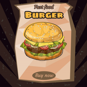 Delicious juicy burger with ingredients, in a package, packing, vector, illustration