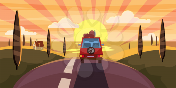 Summer trip vector illustration space for your text. Car trip to camp, tourism concept