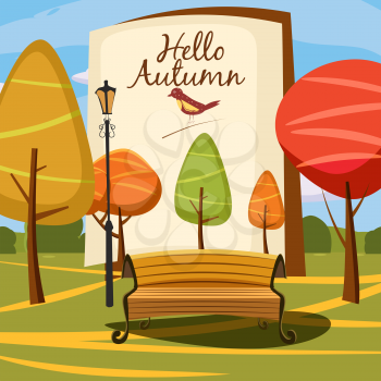 Template Design autumn poster, brochures, posters, postcards Hello autumn. Landscape, cartoon style Vector