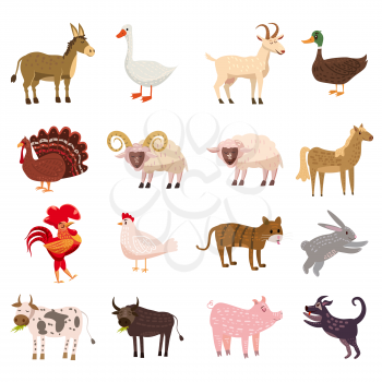 Set cute cartoon animals collection sheep, goat, cow, donkey, horse, pig, cat, dog duck goose chicken hen rooster bull rabbit turkey isolated