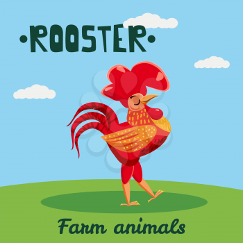 Cute Rooster farm animal character, farm animals, vector illustration on field background
