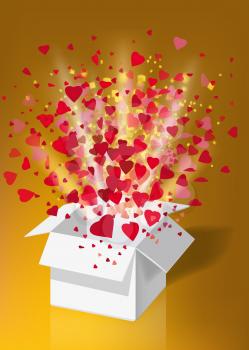 White gift box open explosion fly hearts and confetti Happy Valentine s day