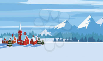 Winter landscape, cartoon minimal style. Horizon, panorama, snow-covered trees, village mountains ate pine