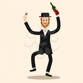 Funny cartoon Jewish man dancing with vine. Vector illustration isolated