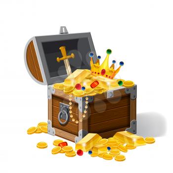 Old pirate chest full of treasures, gold coins, ingots, jewelry, crown, dagger, vector, cartoon style illustration isolated