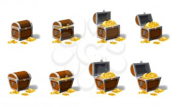 Set old pirate chests full of treasures, gold, vector, cartoon style illustration isolated