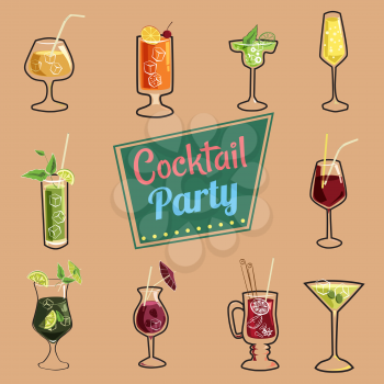 Set of ten beautiful illustration of some of the most famous Cocktails and Drink