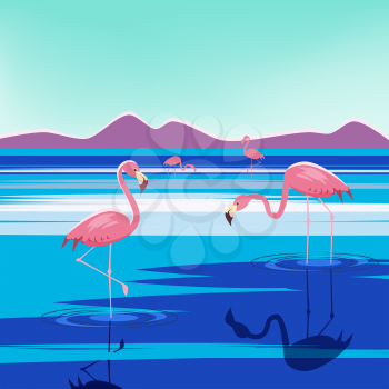 Vector illustration of three pink flamingos in the lake at sunset