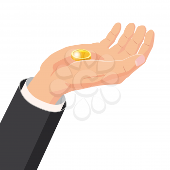 The hand that holds the gold coin, gift. Cartoon style