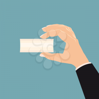 Hand of a businessman holding a sheet of white paper. Template, concept design