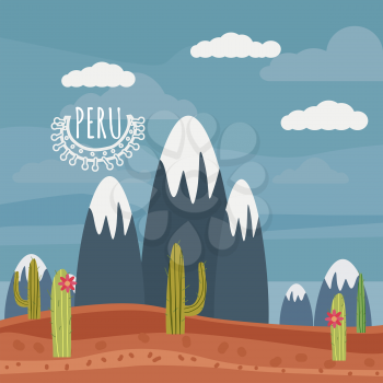 Peru landscape mountains, cactus cartoon style, isolated vector