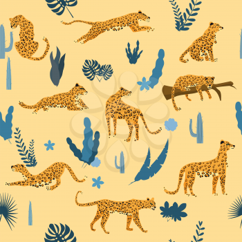 Seamless pattern with leopards in different poses with tropical leaves, plants, mammal, predator, jungle