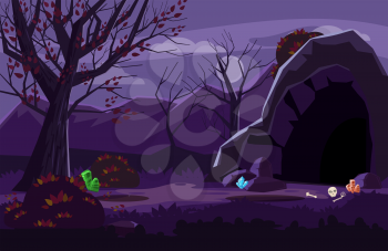 Night fantasy landscape, mountains, cave, trees, autumn
