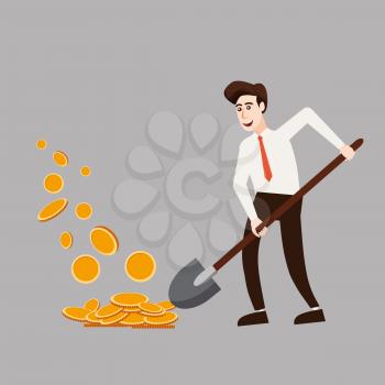 The businessman character holds a shovel in his hands making coins, money.