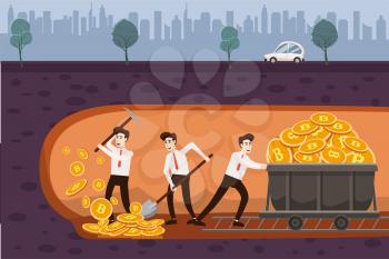 Cryptocurrency concept with businessmans miners and coins. Young men with jackhammer, shovel and pickaxe working in bitcoin mine, trolley with cryptocoins.