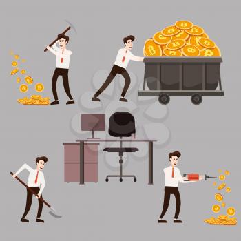 Cryptocurrency concept with businessman miner and coins. Young man with shovel, jackhammer and pickaxe working in bitcoin mine