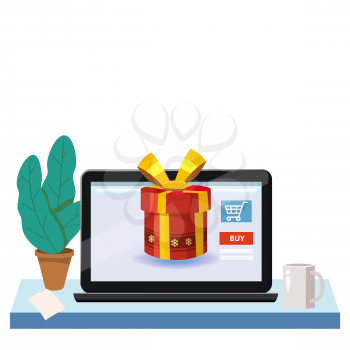 Mobile Online Store concept. Holiday red gift box. Laptop, notebook