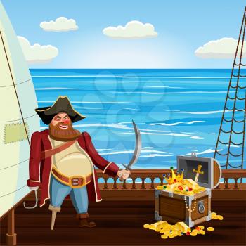 Old pirate with one leg and hook and saber, guards treasure chest on ship deck, vector