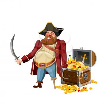 Old pirate with one leg and hook and saber, guards treasure chest, vector