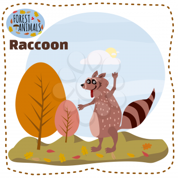Cute cartoon raccoon on background landscape forest illustration, vector