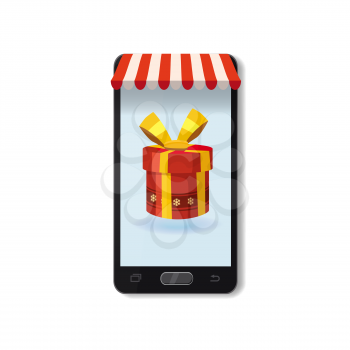 Mobile Online Store concept. Smartphone, Holiday red gift box