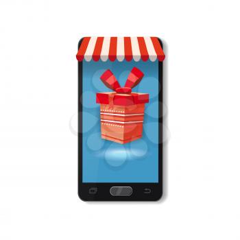 Mobile Online Store concept. Smartphone, Holiday red gift box