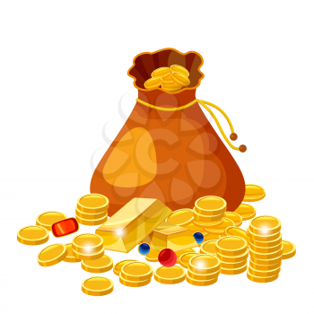 Cartoon big old bag with gold coins jewelry. Cash prize vector concept