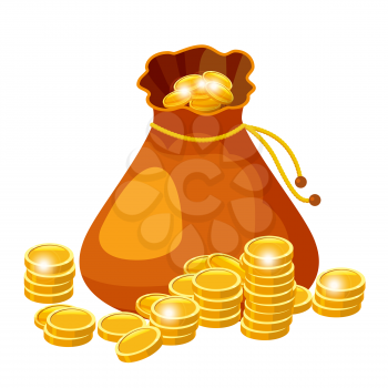 Cartoon big old bag with gold coins. Cash prize vector concept. Bag with golden coin, illustration of money
