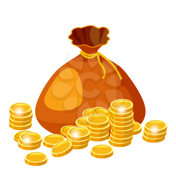 Cartoon big old bag with gold coins. Cash prize vector concept. Bag with golden coin, illustration of money
