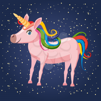 Cute cartoon unicorn on background space illustration, vector