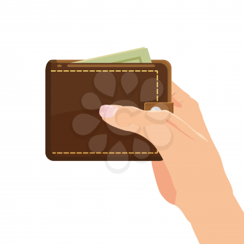 Concept with hand and wallet full of money. Online shopping. Pay per click. Money making. Isolated. Vector illustration