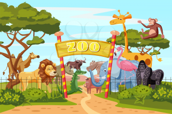 Zoo entrance gates cartoon poster with elephant giraffe lion safari animals and visitors on territory vector illustration