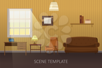 Living room with furniture. Cozy interior with sofa and tv. Cartoon style vector illustration.