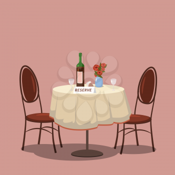Table for two reserved. Wine bottle and two glasses, flowers on the table, white tablecloth, two chairs