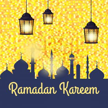 Ramadan kareem background, illustration with arabic lanterns and golden crescent, on starry background.