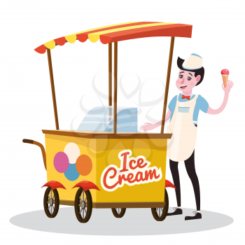 Ice cream vendor, cart, vector illustration cartoon style