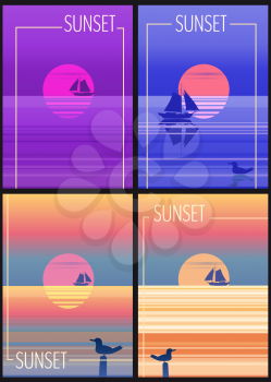 Set cards minimalist sunset in the sea, ocean, with a sailboat and seagulls. Summer holidays