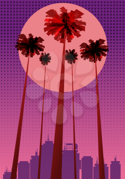 Summer beatiful sunset backgrounds with palms trees cityscape, sky horison